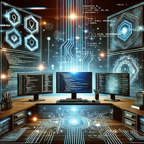 motivational illustration for all coders, featuring a futuristic coding workspace with multiple monitors displaying lines of code in various program